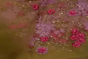 PEARL, SEQUENCE AND PINK FLORAL WORKED GOLD NET FABRIC