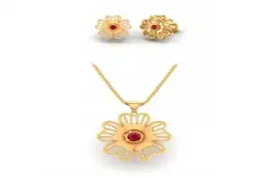 916 GOLD FLOWER RED STONE PENDANT WITH STUD