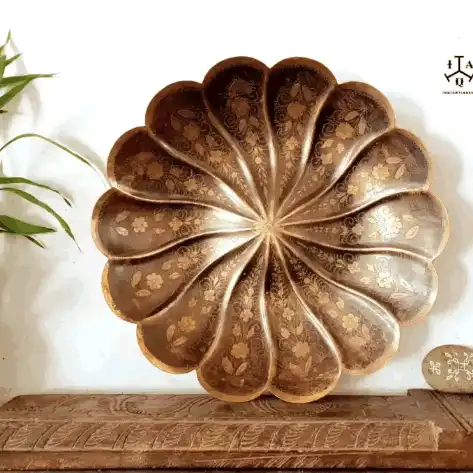 Antique British ornate floral etched brass Platter with unique ribbed leaf pattern