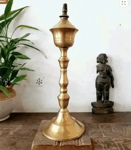 Antique brass kerosene lamp designed like a kuthu vilakku